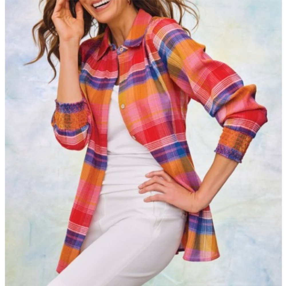 Soft Surroundings Sansonne Multi Plaid Lightweight Button Front Shirt XL